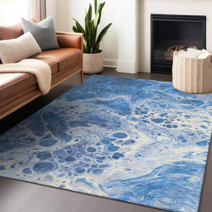 8' X 10' Navy Blue And Ivory Abstract Washable Indoor Outdoor Area Rug