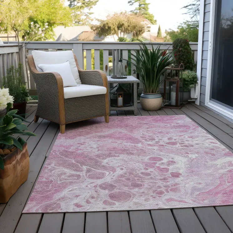 3' X 5' Pink And Ivory Abstract Washable Indoor Outdoor Area Rug