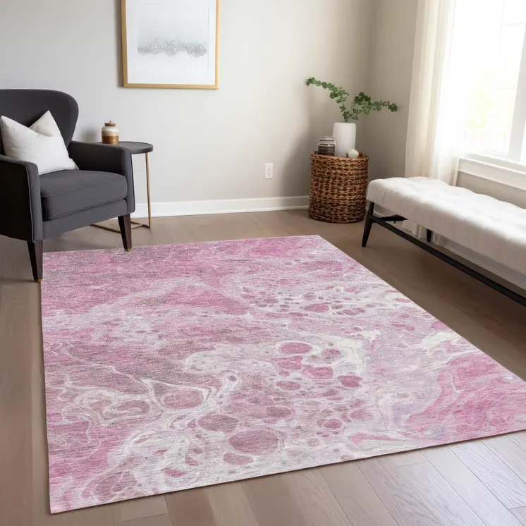 3' X 5' Pink And Ivory Abstract Washable Indoor Outdoor Area Rug