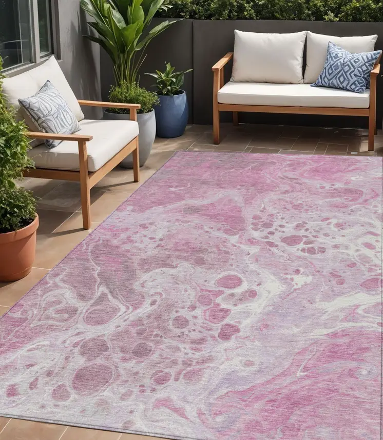 5' X 8' Pink And Ivory Abstract Washable Indoor Outdoor Area Rug