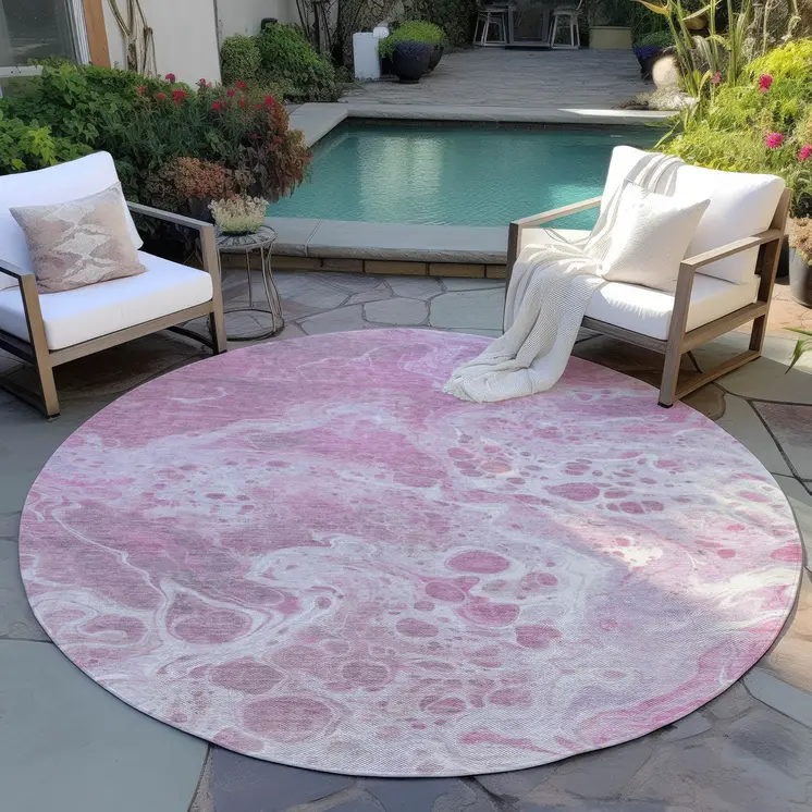8' Pink And Ivory Round Abstract Washable Indoor Outdoor Area Rug