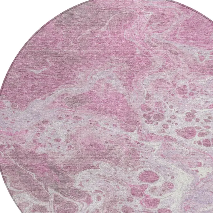 8' Pink And Ivory Round Abstract Washable Indoor Outdoor Area Rug