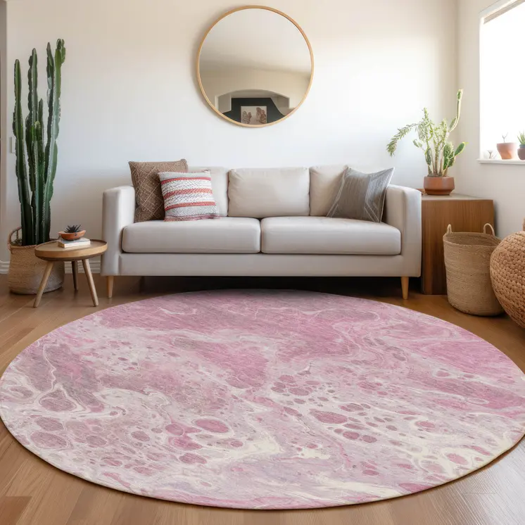 8' Pink And Ivory Round Abstract Washable Indoor Outdoor Area Rug