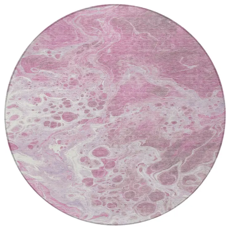 8' Pink And Ivory Round Abstract Washable Indoor Outdoor Area Rug