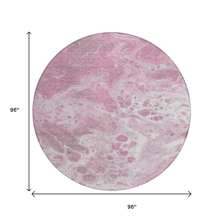 8' Pink And Ivory Round Abstract Washable Indoor Outdoor Area Rug