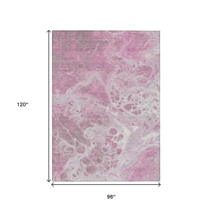 8' X 10' Pink And Ivory Abstract Washable Indoor Outdoor Area Rug