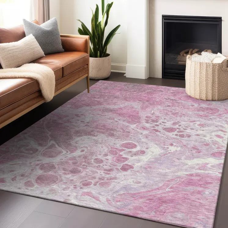 8' X 10' Pink And Ivory Abstract Washable Indoor Outdoor Area Rug