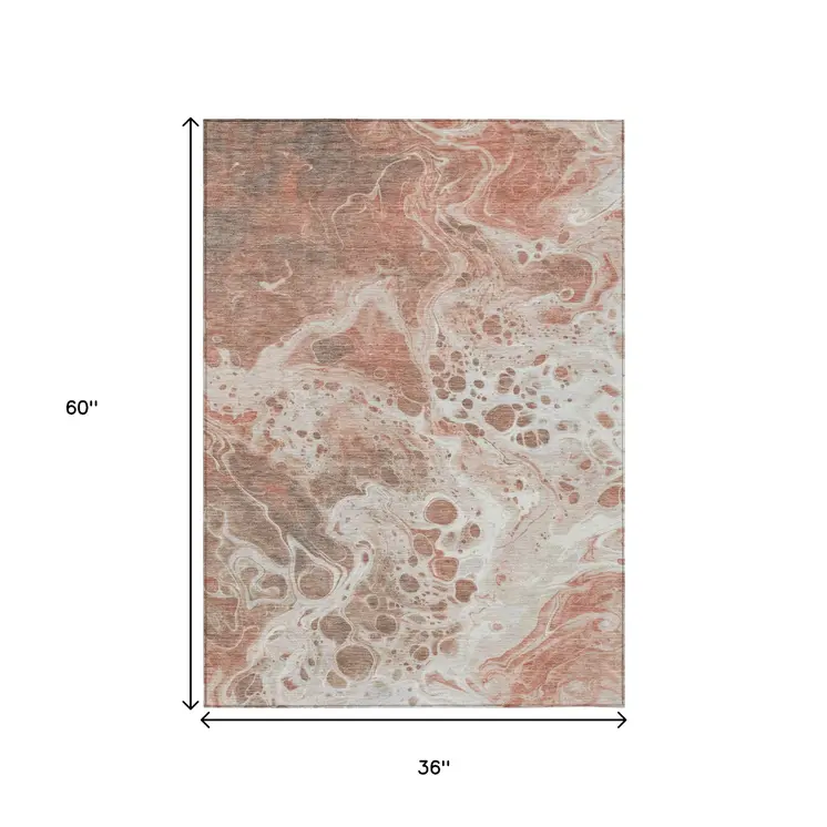 3' X 5' Rust And Ivory Abstract Washable Indoor Outdoor Area Rug