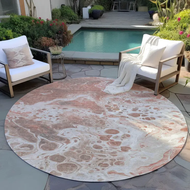 8' Rust And Ivory Round Abstract Washable Indoor Outdoor Area Rug