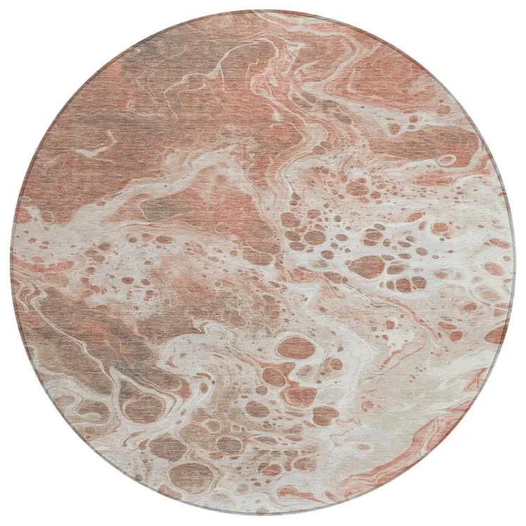 8' Rust And Ivory Round Abstract Washable Indoor Outdoor Area Rug