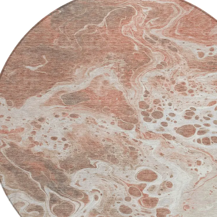8' Rust And Ivory Round Abstract Washable Indoor Outdoor Area Rug
