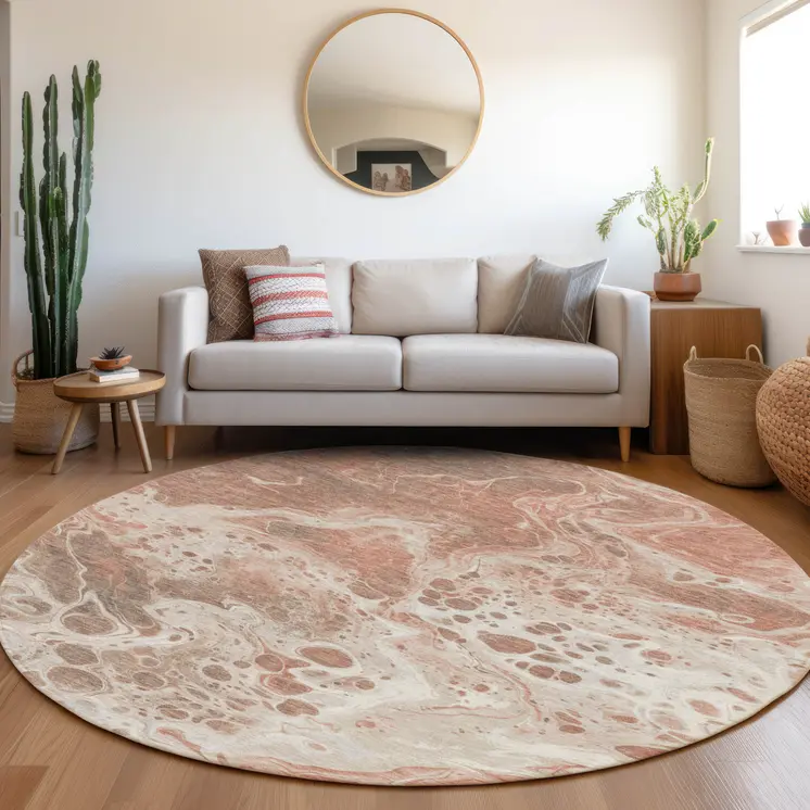 8' Rust And Ivory Round Abstract Washable Indoor Outdoor Area Rug