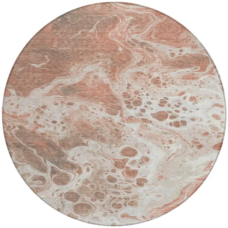 8' Rust And Ivory Round Abstract Washable Indoor Outdoor Area Rug