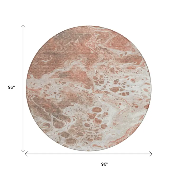 8' Rust And Ivory Round Abstract Washable Indoor Outdoor Area Rug