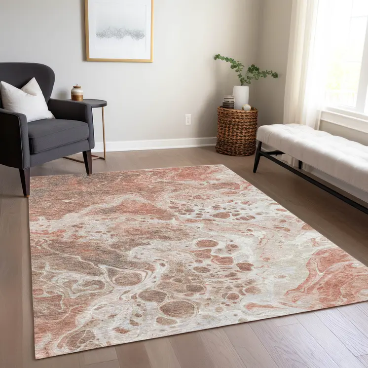 8' X 10' Rust And Ivory Abstract Washable Indoor Outdoor Area Rug