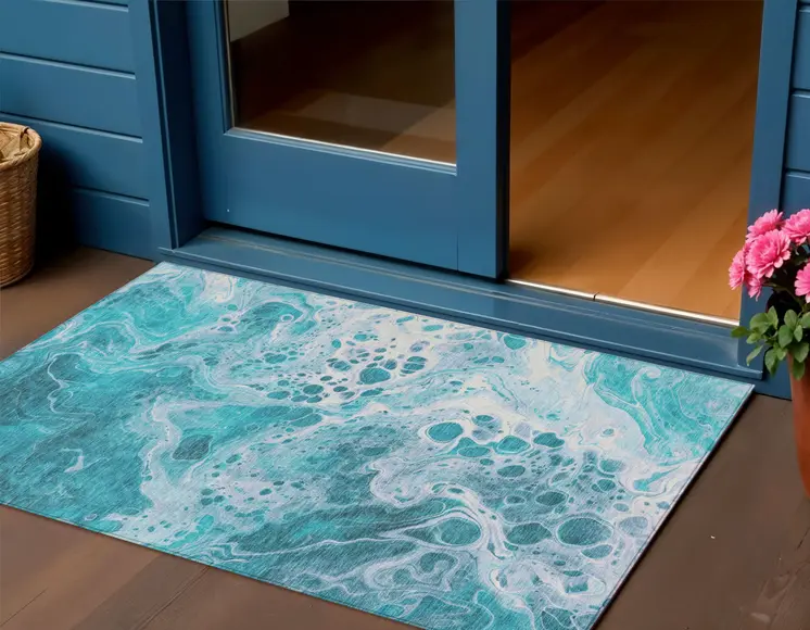 3' X 5' Teal Blue And Ivory Abstract Washable Indoor Outdoor Area Rug
