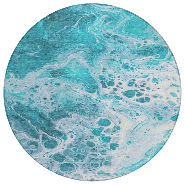 8' Teal Blue And Ivory Round Abstract Washable Indoor Outdoor Area Rug