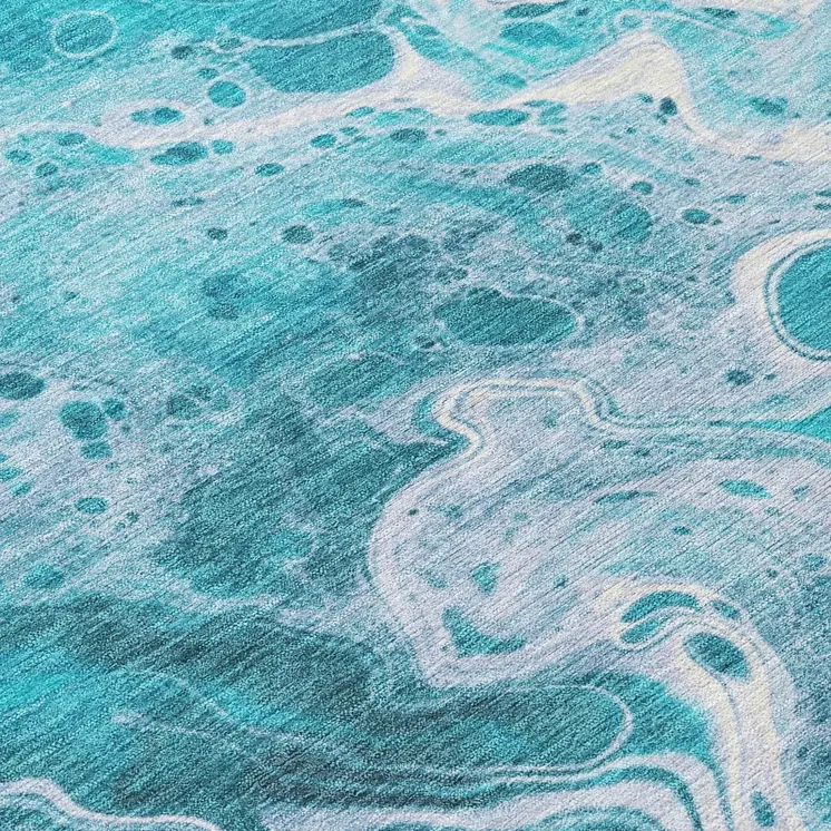 8' Teal Blue And Ivory Round Abstract Washable Indoor Outdoor Area Rug
