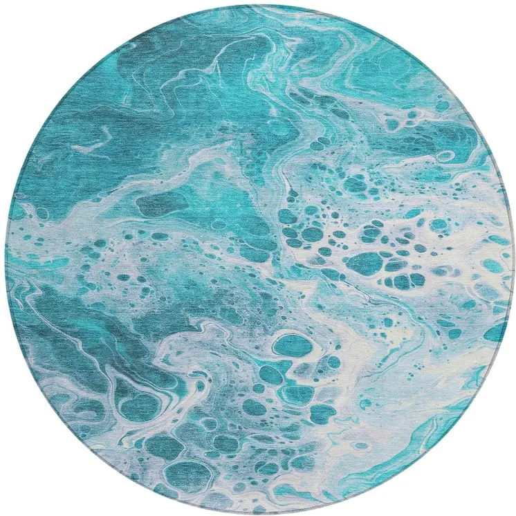 8' Teal Blue And Ivory Round Abstract Washable Indoor Outdoor Area Rug