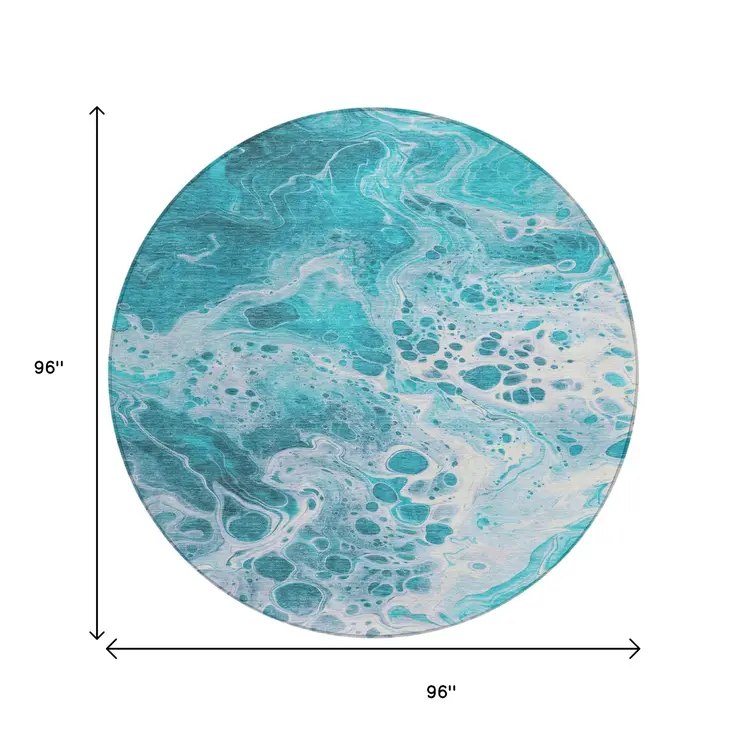 8' Teal Blue And Ivory Round Abstract Washable Indoor Outdoor Area Rug