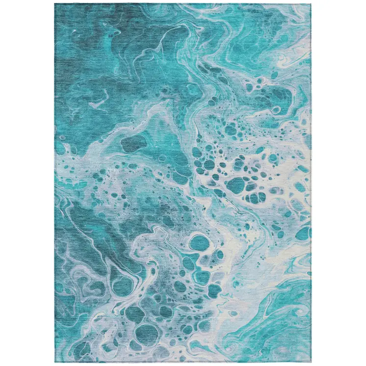 8' X 10' Teal Blue And Ivory Abstract Washable Indoor Outdoor Area Rug