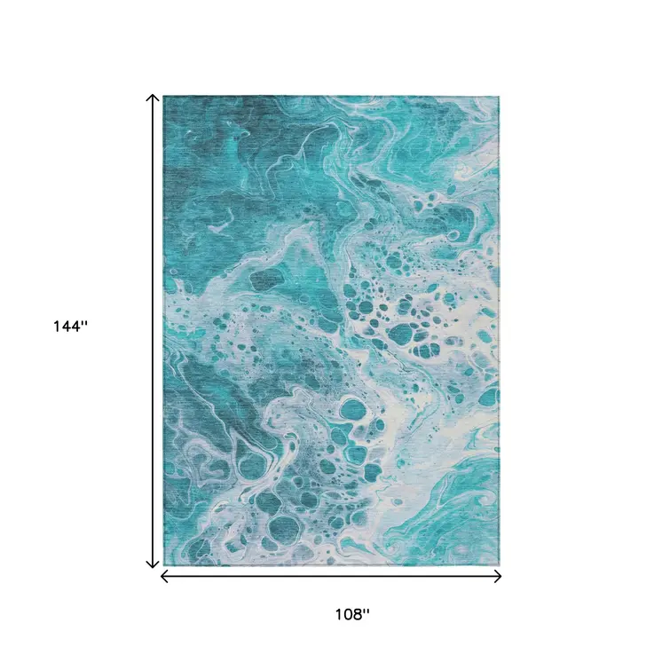 9' X 12' Teal Blue And Ivory Abstract Washable Indoor Outdoor Area Rug