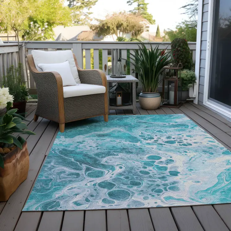 9' X 12' Teal Blue And Ivory Abstract Washable Indoor Outdoor Area Rug