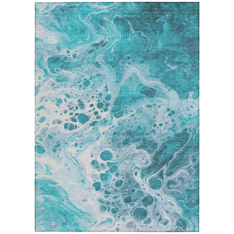 9' X 12' Teal Blue And Ivory Abstract Washable Indoor Outdoor Area Rug
