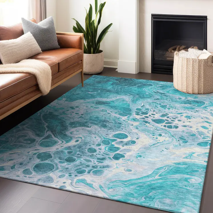 9' X 12' Teal Blue And Ivory Abstract Washable Indoor Outdoor Area Rug