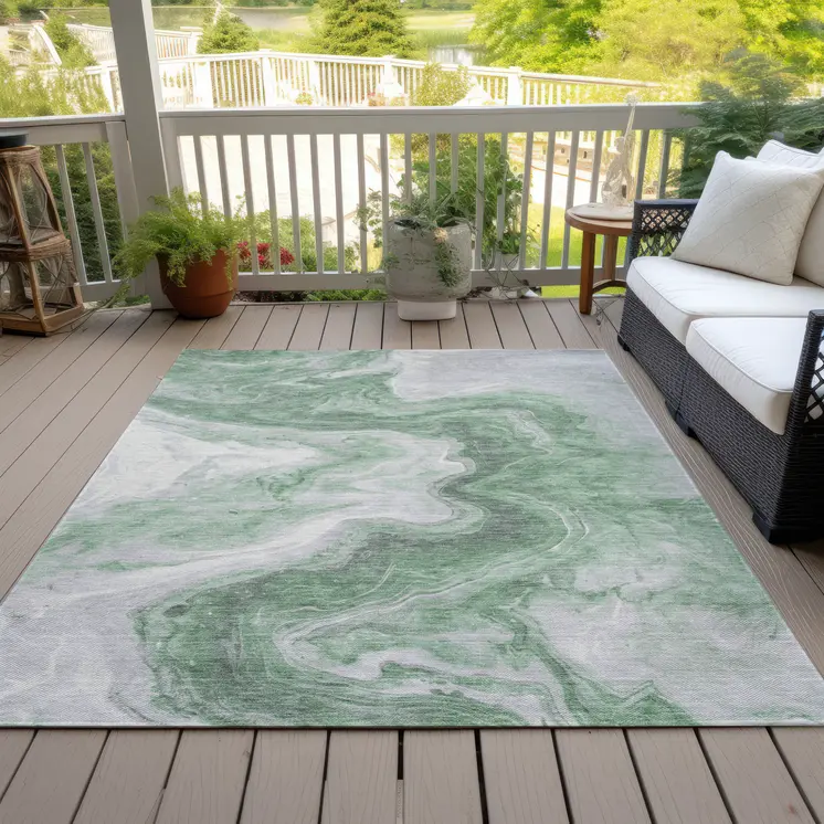 3' X 5' Green And Silver Abstract Washable Indoor Outdoor Area Rug