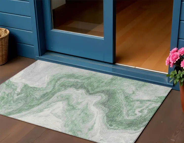 5' X 8' Green And Silver Abstract Washable Indoor Outdoor Area Rug