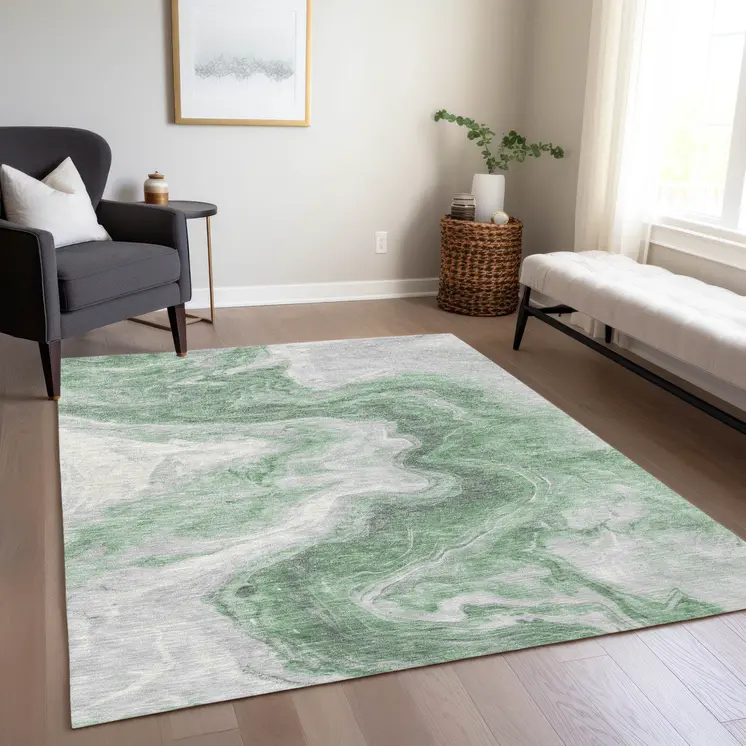 5' X 8' Green And Silver Abstract Washable Indoor Outdoor Area Rug