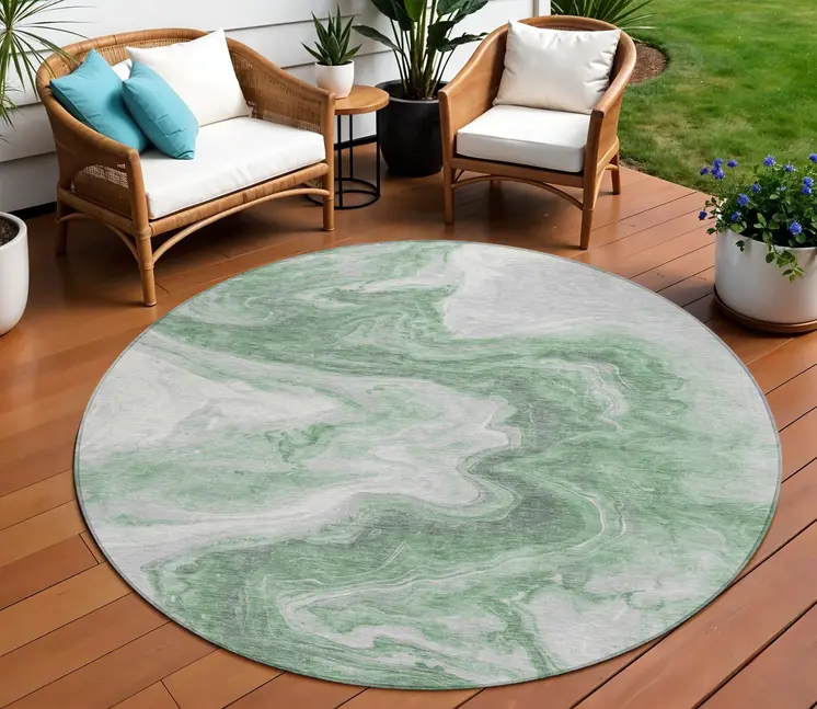 8' Green And Silver Round Abstract Washable Indoor Outdoor Area Rug