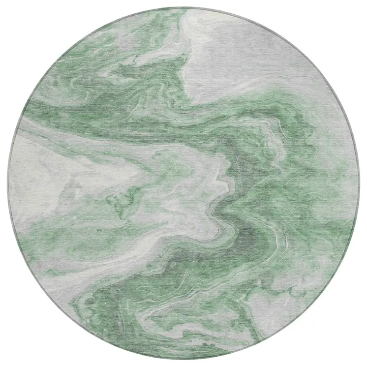 8' Green And Silver Round Abstract Washable Indoor Outdoor Area Rug