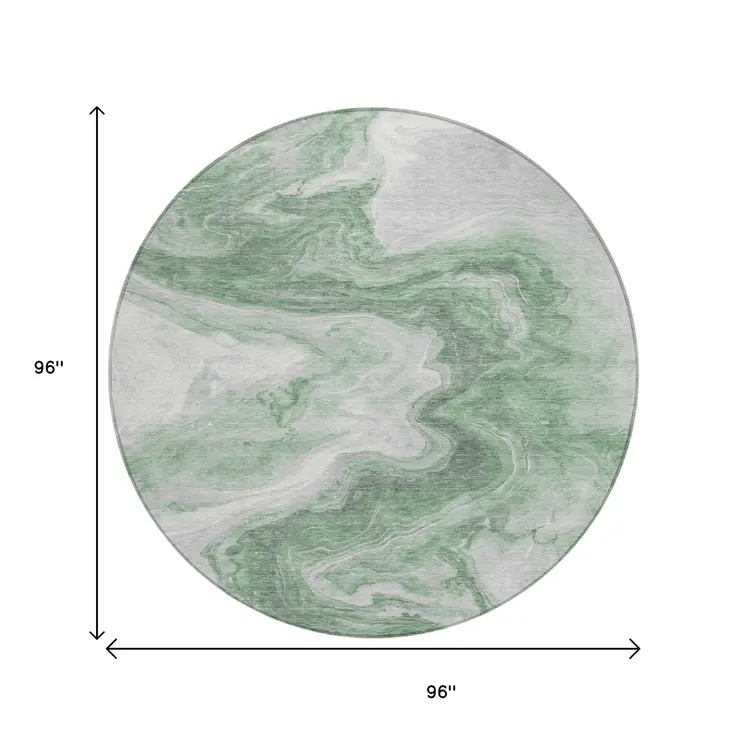 8' Green And Silver Round Abstract Washable Indoor Outdoor Area Rug