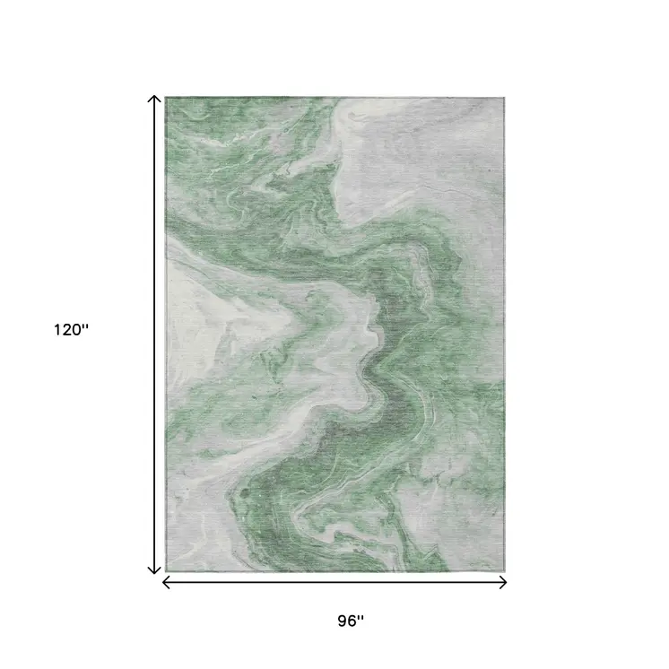 8' X 10' Green And Silver Abstract Washable Indoor Outdoor Area Rug