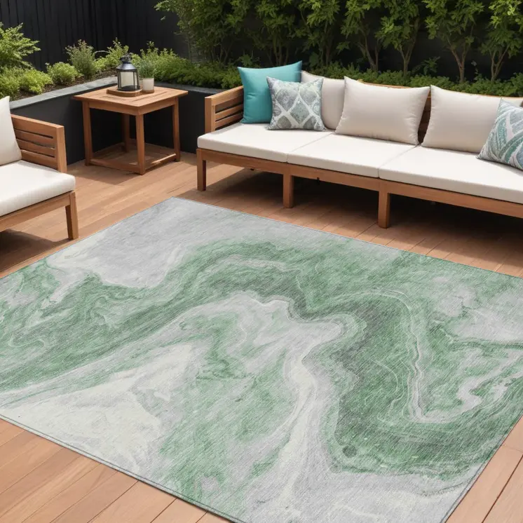10' X 14' Green And Silver Abstract Washable Indoor Outdoor Area Rug