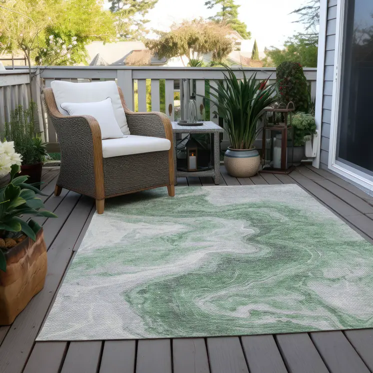 10' X 14' Green And Silver Abstract Washable Indoor Outdoor Area Rug