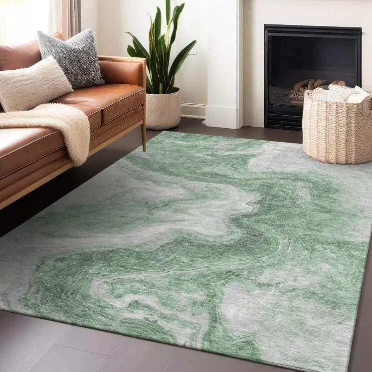 10' X 14' Green And Silver Abstract Washable Indoor Outdoor Area Rug