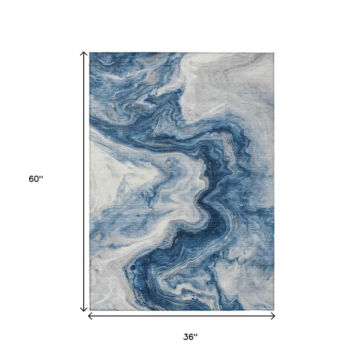 3' X 5' Navy Blue And Silver Abstract Washable Indoor Outdoor Area Rug