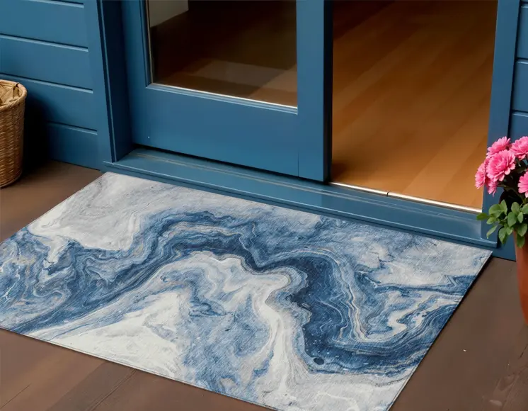 3' X 5' Navy Blue And Silver Abstract Washable Indoor Outdoor Area Rug