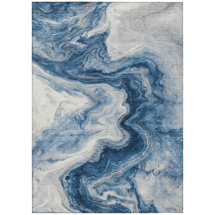 3' X 5' Navy Blue And Silver Abstract Washable Indoor Outdoor Area Rug