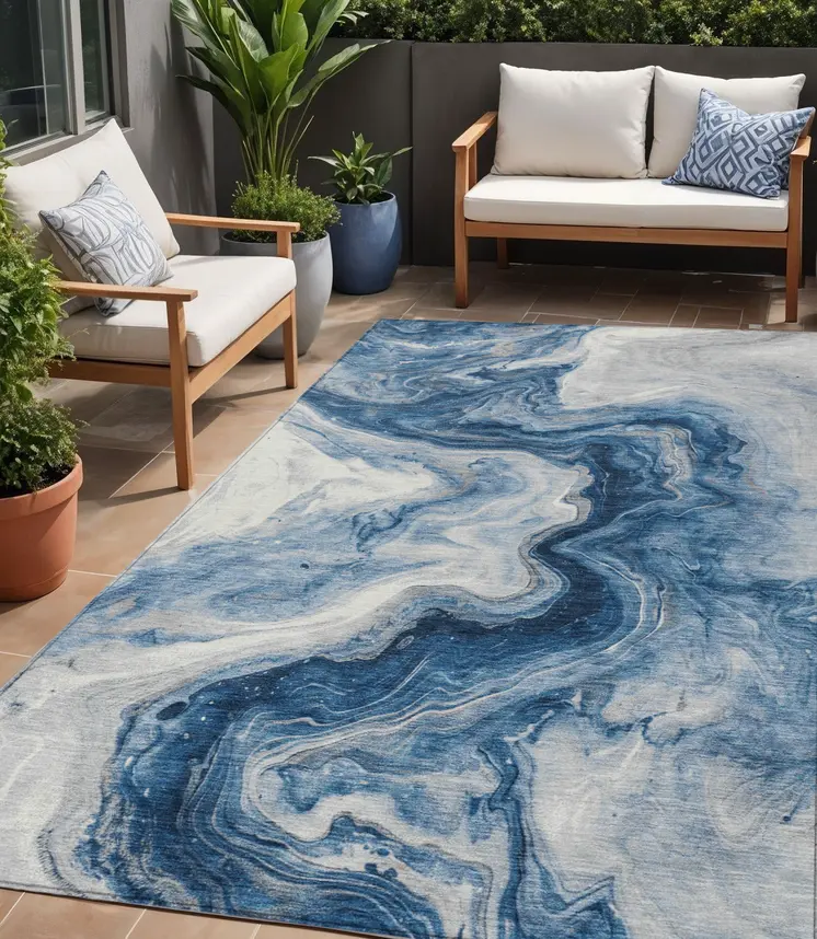 5' X 8' Navy Blue And Silver Abstract Washable Indoor Outdoor Area Rug