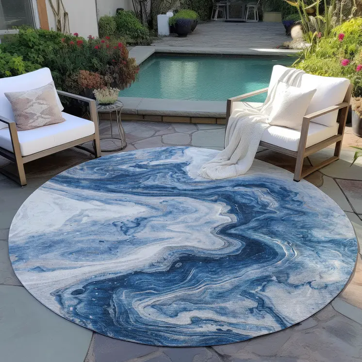 8' Navy Blue And Silver Round Abstract Washable Indoor Outdoor Area Rug
