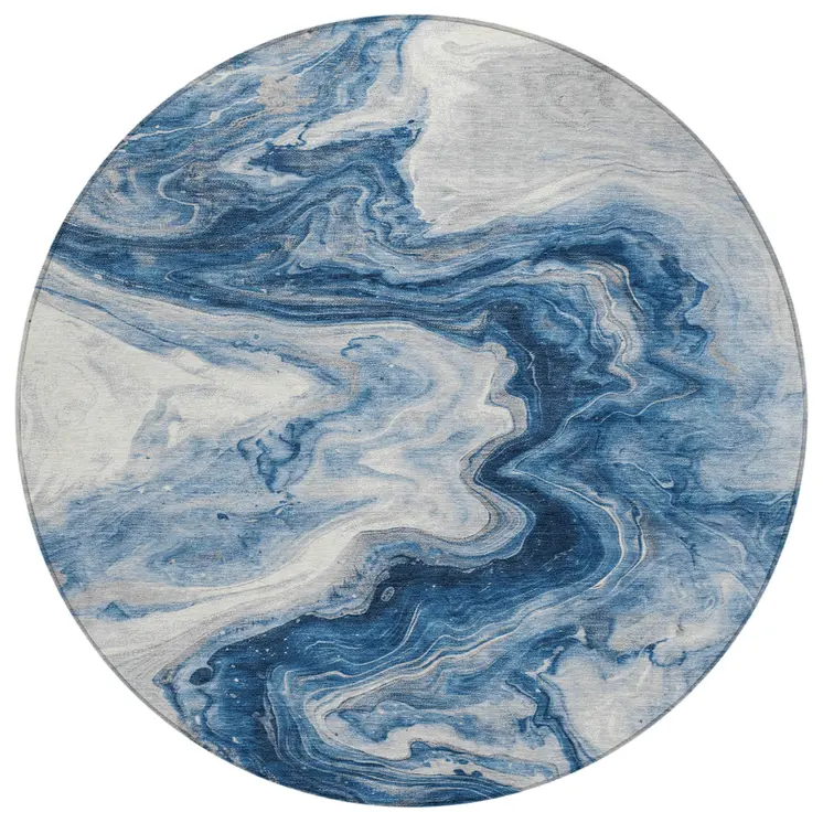 8' Navy Blue And Silver Round Abstract Washable Indoor Outdoor Area Rug