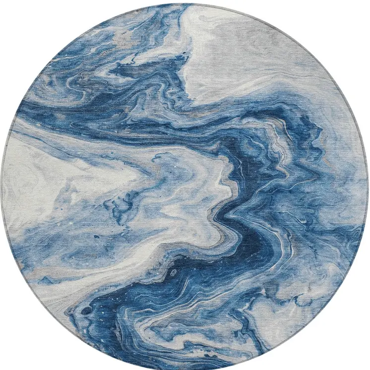 8' Navy Blue And Silver Round Abstract Washable Indoor Outdoor Area Rug