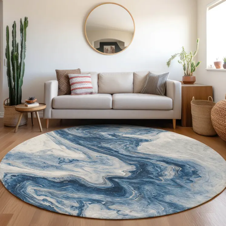 8' Navy Blue And Silver Round Abstract Washable Indoor Outdoor Area Rug