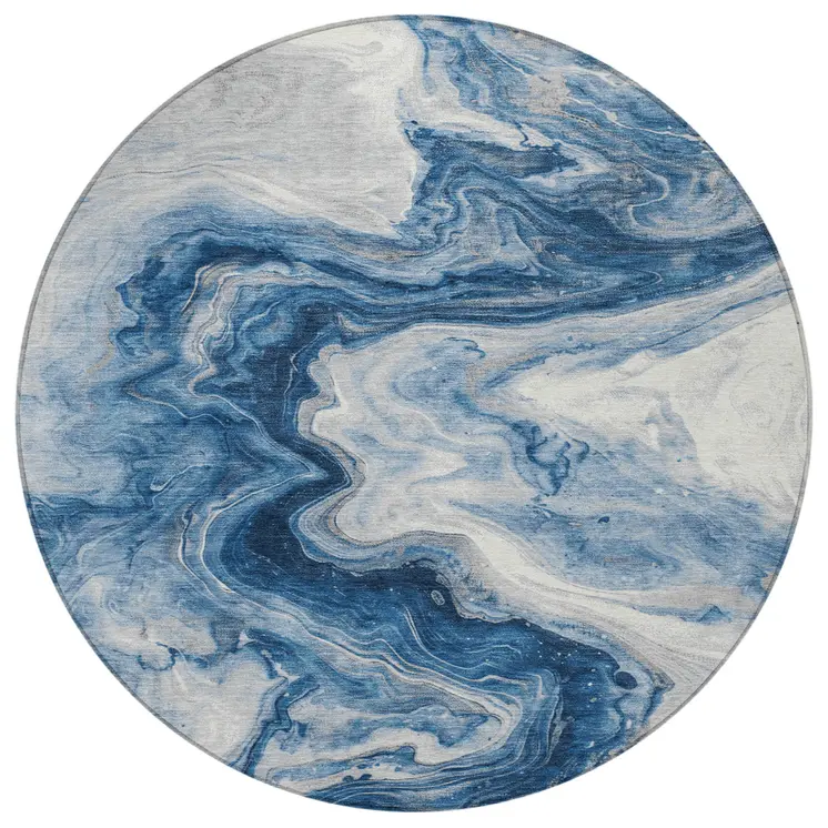 8' Navy Blue And Silver Round Abstract Washable Indoor Outdoor Area Rug