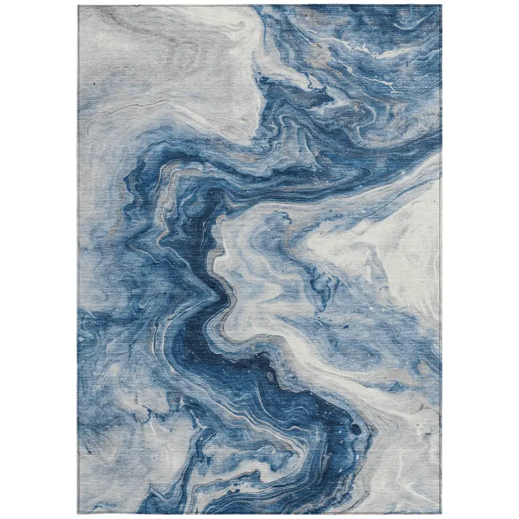 8' X 10' Navy Blue And Silver Abstract Washable Indoor Outdoor Area Rug