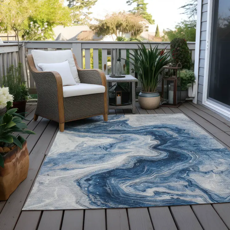 10' X 14' Navy Blue And Silver Abstract Washable Indoor Outdoor Area Rug
